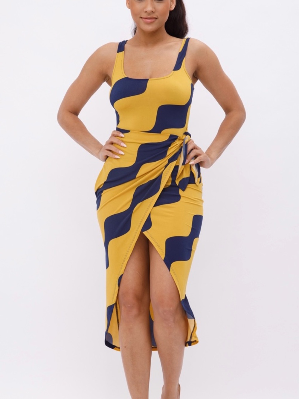 Hera Collection mustard and Navy Wave-Print Tie-Waist High-Low Midi Dress